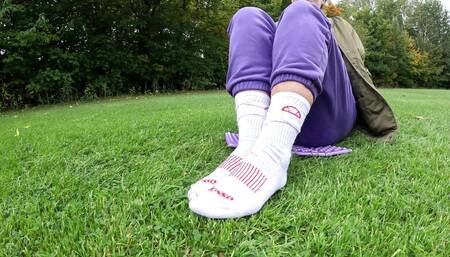 Girl in white socks outdoor feet worship