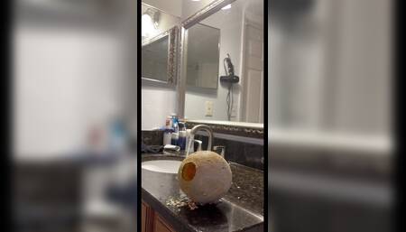 I fuck a melon with my big erect penis until I see myself