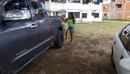 Roxan pumping the pedals of beautiful and big truck (3)