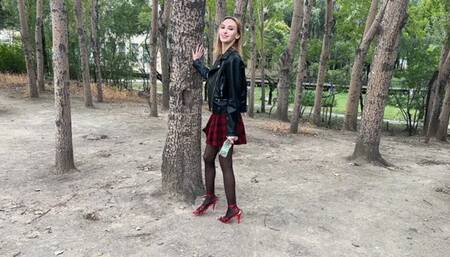 girl in high heels and stockings plays hard with her shoes, tears off the heel, wets the shoes (reupload)