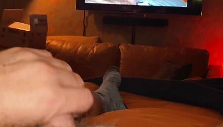 VERBAL Hairy Dad bates in Bed while watching himself on TV