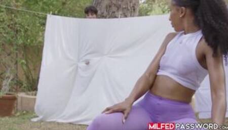 Ebony MILF Olivia Jayys workout teases pervy and handsome neighbor
