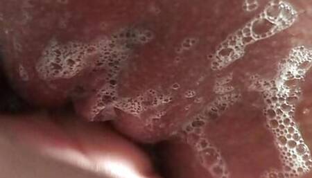 Fingering myself during shower with foam.Wet foamy pink tight virgin pussy