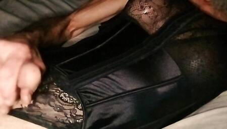 American Crossdresser Cdmichelle jacking off wearing black lingerie  while watching porn laying on bed