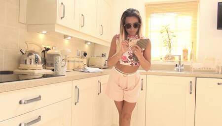 Natalia wet her panties in the kitchen