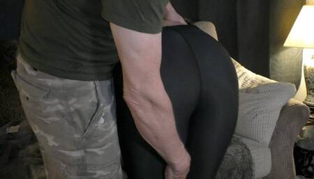 Sophie spanked leggings with a slipper over Daddy's knee