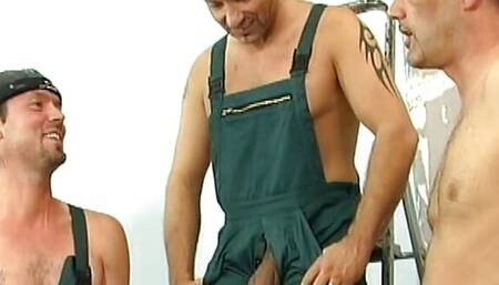 BBW German whore enjoys a golden shower and weird insertions in group action