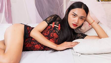 FRANKSTGIRLWORLD - Ladyboy with sexy lingerie masturbates her ass with a glass dildo