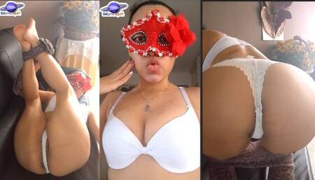 The Latin babe is in 4 and wearing sexy lingerie, masked blowjob, sucking with a lot of drool and her perfect ass
