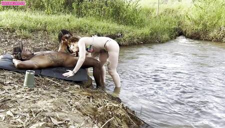 Outdoor sex sunbathing by the river I put two hot girls to suck and tore them both cumming inside
