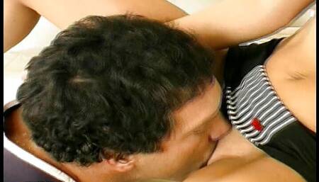 Experienced man gets ass pegged with a huge strapon by a sexy blonde in the kitchen