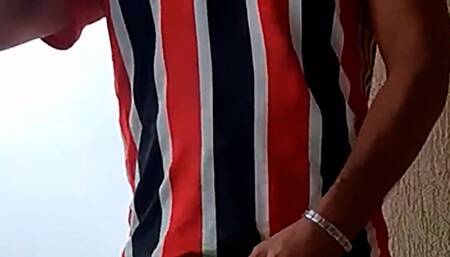 Jacking off outside on back porch while neighbors go by