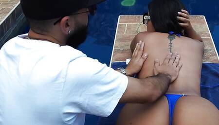 Latin slut Lina Henao fucks outdoors with stranger Soldier at the public pool while her cuckold boyfriend Dani Clark takes a