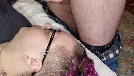 Cum on Her Glasses After She Strokes His Cock