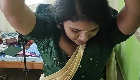 Kerala half saree BDSM hand tied on ceiling and blindfolded boobs suck of Vaishnavy by Sharun Raj,  Hands tied and blindfolded