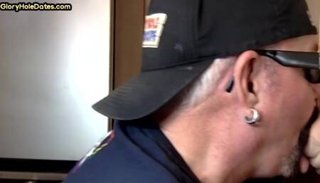Real gloryhole DILF sucks cock at home in amateur closeup