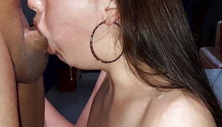 Slut stepsister gets a huge cumshot in her throat, perfect blowjob