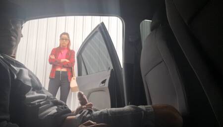 Risky handjob inside the car for student in public.