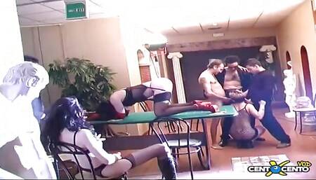 A group of sex-hungry swingers uses roulette as a soft bed for their perversions