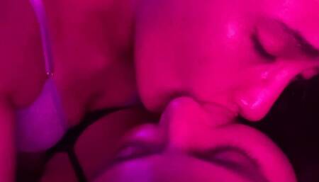 Big tongue sucking with lesbian kisses before going to bed