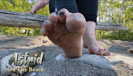 Astrid On The Beach - HD 1080p Version - A Barefoot Gamer Girl Torments Micro People In The Sand At Her Feet