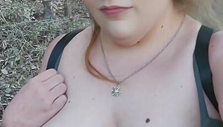Outdoor bbw plays with fat pink pussy walking down nature trail