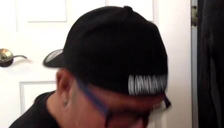 Greedy gloryhole DILF with tattoos sucks cock at home