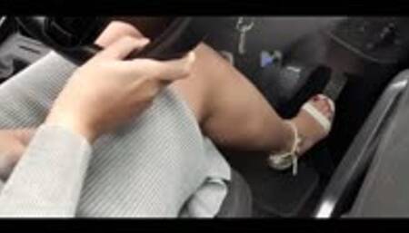 Woman drives in Sexy White Platform Sandals - Over Knee Cam