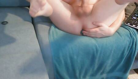Skinny shaved feet Sissy cum with Analplug