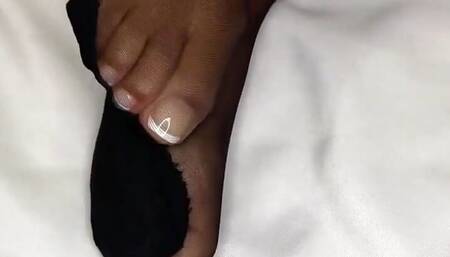 Ebony Girl Shows off Her French Pedicure in Her Black Nylons & Does Removal to Show Her Feet