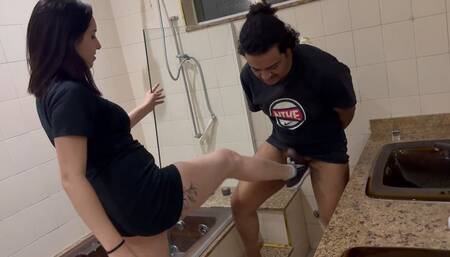 Ballbusting Interracial in the bathroom !! FULL HD