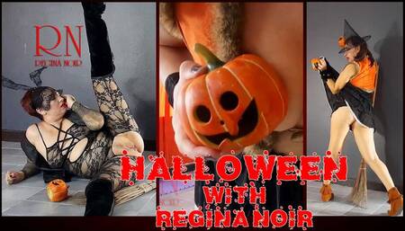 HALLOWEEN Witch in Rtgina Noir witch with pumpkins and a broom Regina Noir Velma Dinkley Yellow pantyhose Performing in old house at stairway