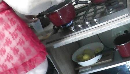 Naked cooking Two. No panties in transparent negligee in stockings high heels sexy blonde Milf. Natural tits. Ass. Pussy Shaved
