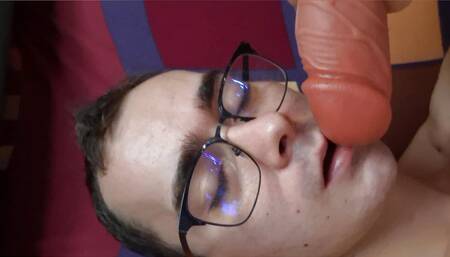 Cute boy sucks huge cock, masturbates and cums on feet