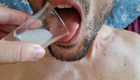 Bound slave boy swallows his own cum from a shot glass for his mistress