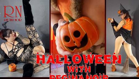 Halloween Witch in Rtgina Noir Witch with Pumpkins and a Broom. Regina Noir Velma Dinkley Yellow Pantyhose