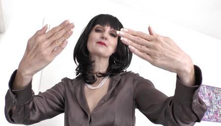 Beautiful Long Fingernails and Hand Shots in Silk Blouse