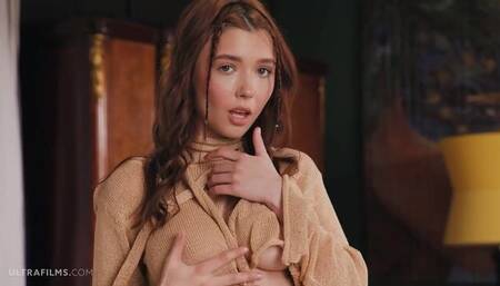 Gorgeous busty teen Mila Azul is touching her sweat shaved pussy