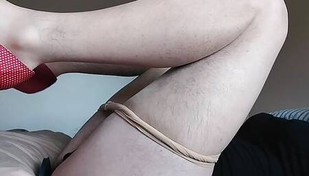 Plugged, tiny-clit sissy cums in leotard, tights & heels