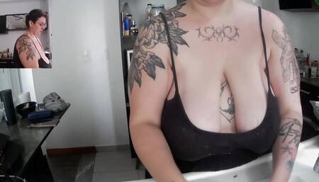 Tattoed MILF Doing the Dishes with Too Much Cleavage