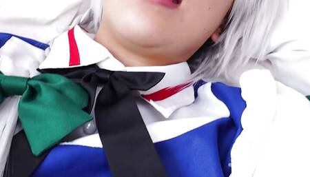 Sexy Asian slutty girl Anna Saotome fucks with sex toy on the bed in costume.