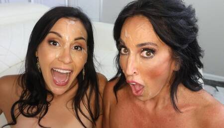 Abi James and Jade Greene are enjoying double blowjob on the knees