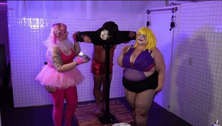 Pieface Pandemonium! Cute bbw clown girls, Princess Dandy and Megan Daw, smash cream pies in Remy D's Face!