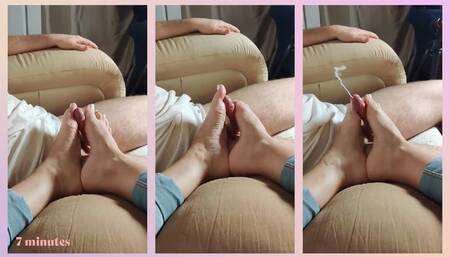 POV FOOTJOB on sofa - white pedicure toes milk a big cumshot dripping all over feet and soles!