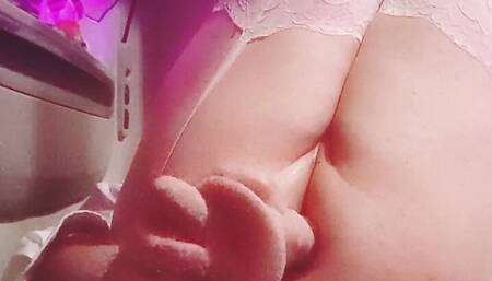 Sissy princess in white playing dildo