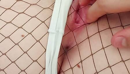 I massage my stepsister's big ass and pink vagina with black tights and tight thong