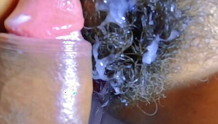 Close-up of a teen's fucking, dripping pussy and creampie her