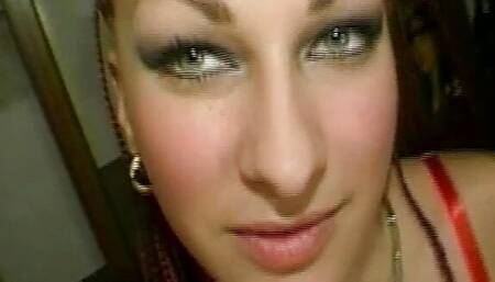 Elisa the redhead shows off by fucking two cocks while