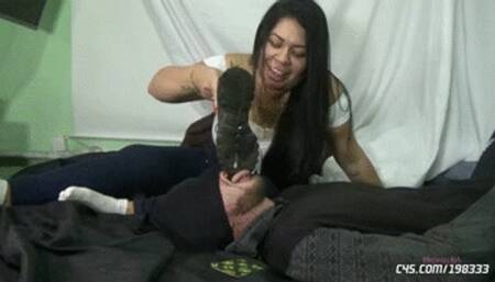 Loser swallowing spit on the sole of his sneaker by Mistress Beh # 1080HD