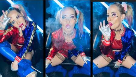 Harley Quinn cosplay chain smoking a Marlboro 100 and 2 at once